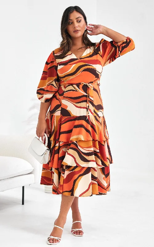 Holiday Sale Alicie Midi Dress - Orange Brown Multi Print