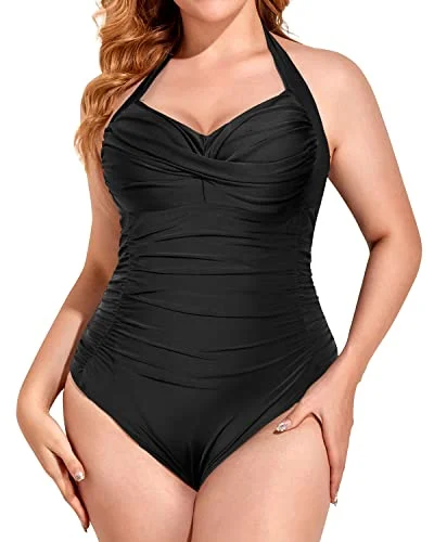 Online Only One Piece Tummy Control Swimsuit For Plus Size Women Halter Top-Black