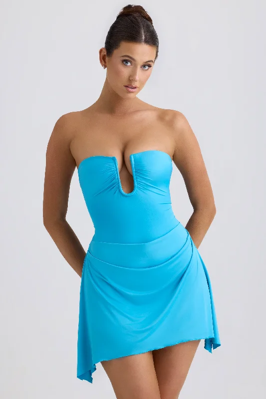 Inventory Reduction Slinky Jersey Draped A-Line Mini Dress in Aqua Blue