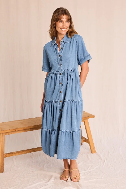 Special Offer Sabre Chambray Button Through Dress in Light Wash