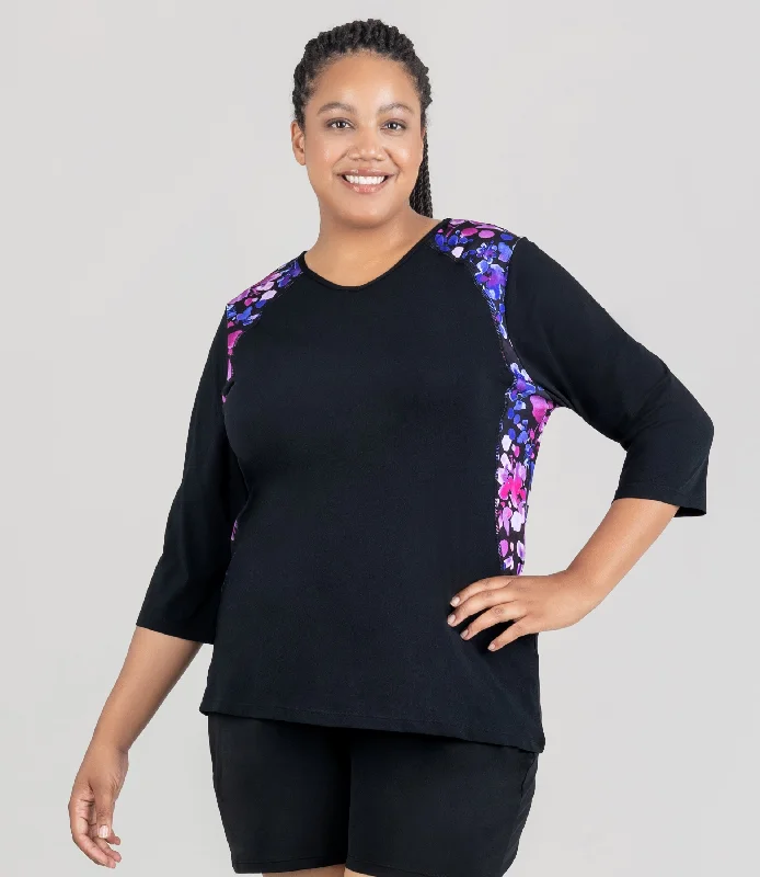 Don't Wait AquaSport 3/4 Sleeve Rash Guard Floral Elegance Print Black