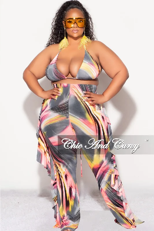 Online Specials Final Sale Plus Size  3pc Poolside Playsuit (Bikini Top, High Waist Bottoms & Pants) Set in Pink, Grey, & Yellow Print